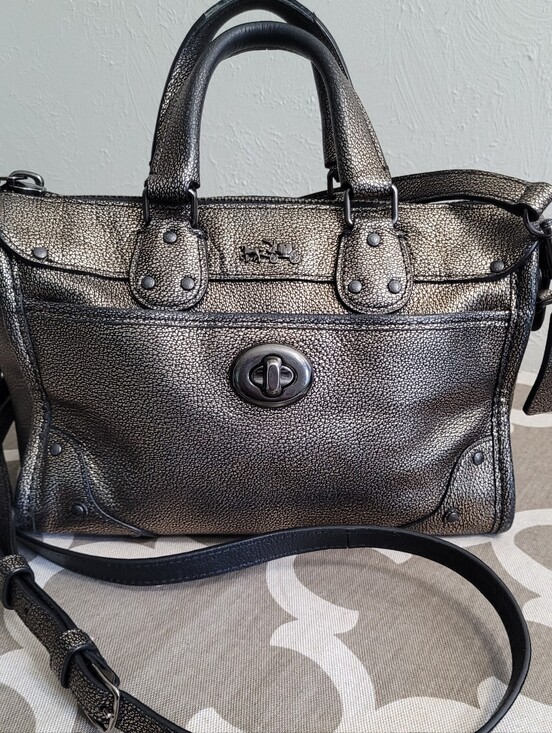Coach Handbags - Coach Rhyder 24 Metallic Pewter Leather Satchel Handbag